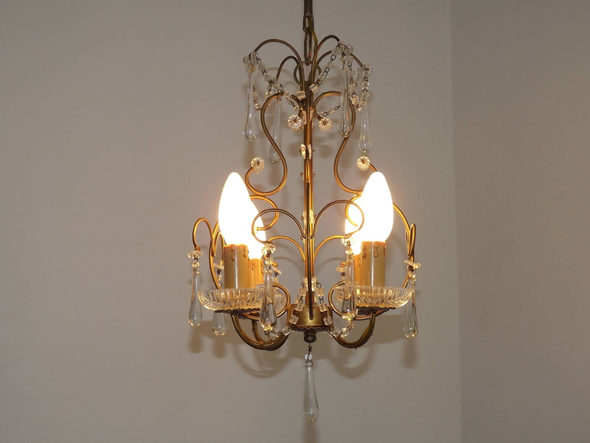 Vintage French 4 Arm Gilded Metal Cage Chandelier Beads Clear Murano Drops