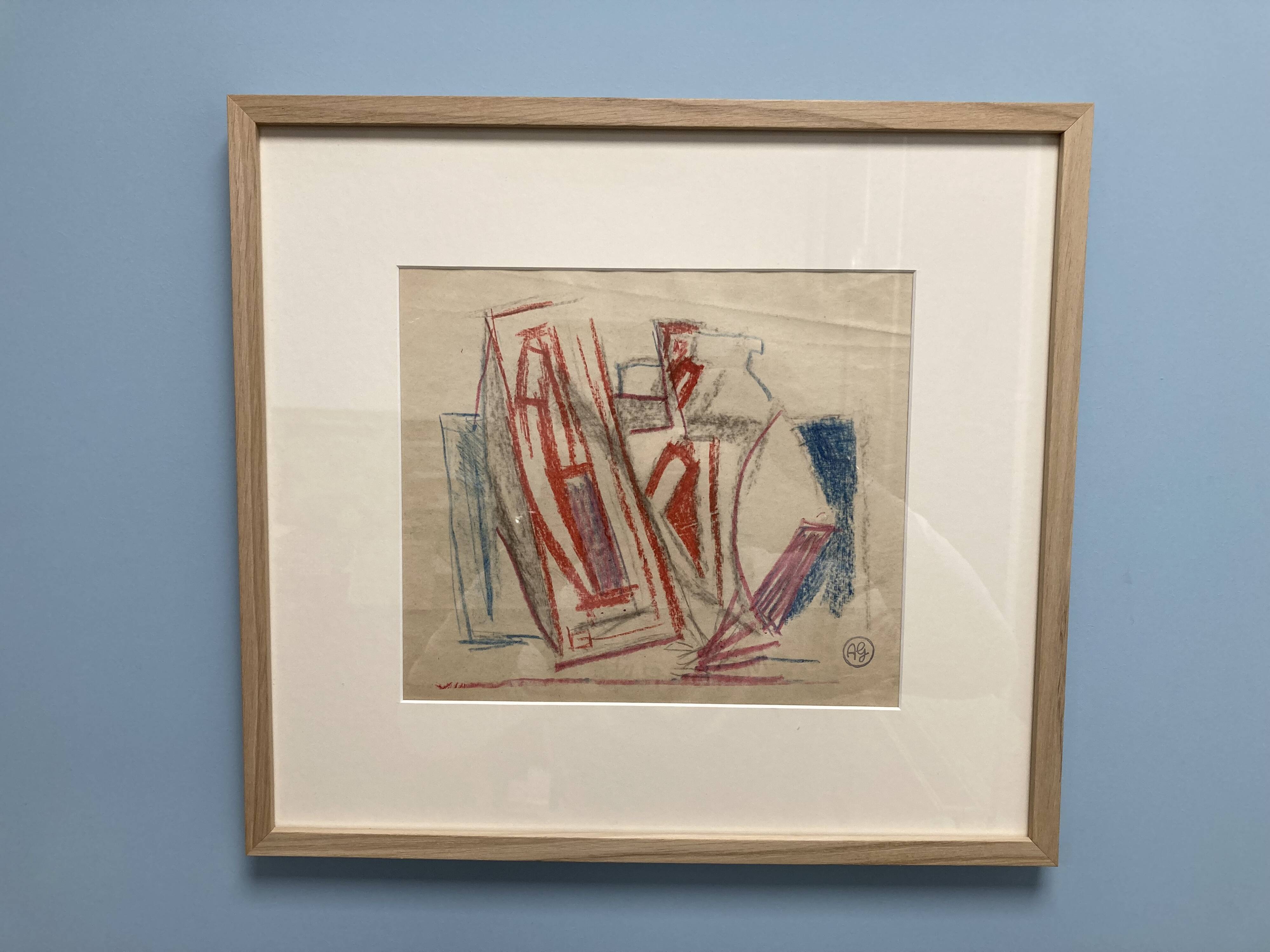 Alfred Gaspart (1900-1993), Cubist still life, pencil and oil pastel drawing framed