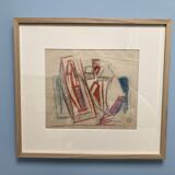 Alfred Gaspart (1900-1993), Cubist still life, pencil and oil pastel drawing framed