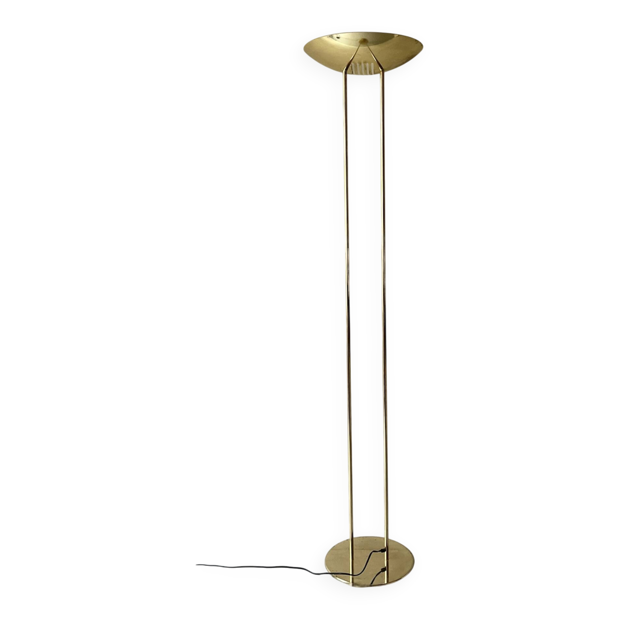 Modernist halogen floor lamp with a gold bowl, 1980.