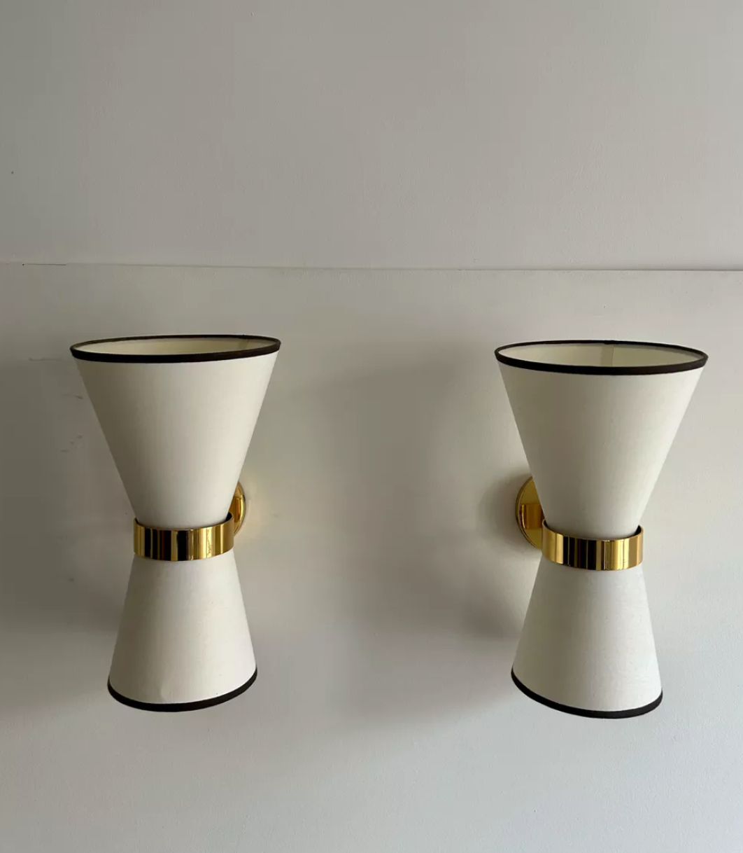 Pair of vintage wall lamps, solid brass and unbleached fabric, Italy 1980
