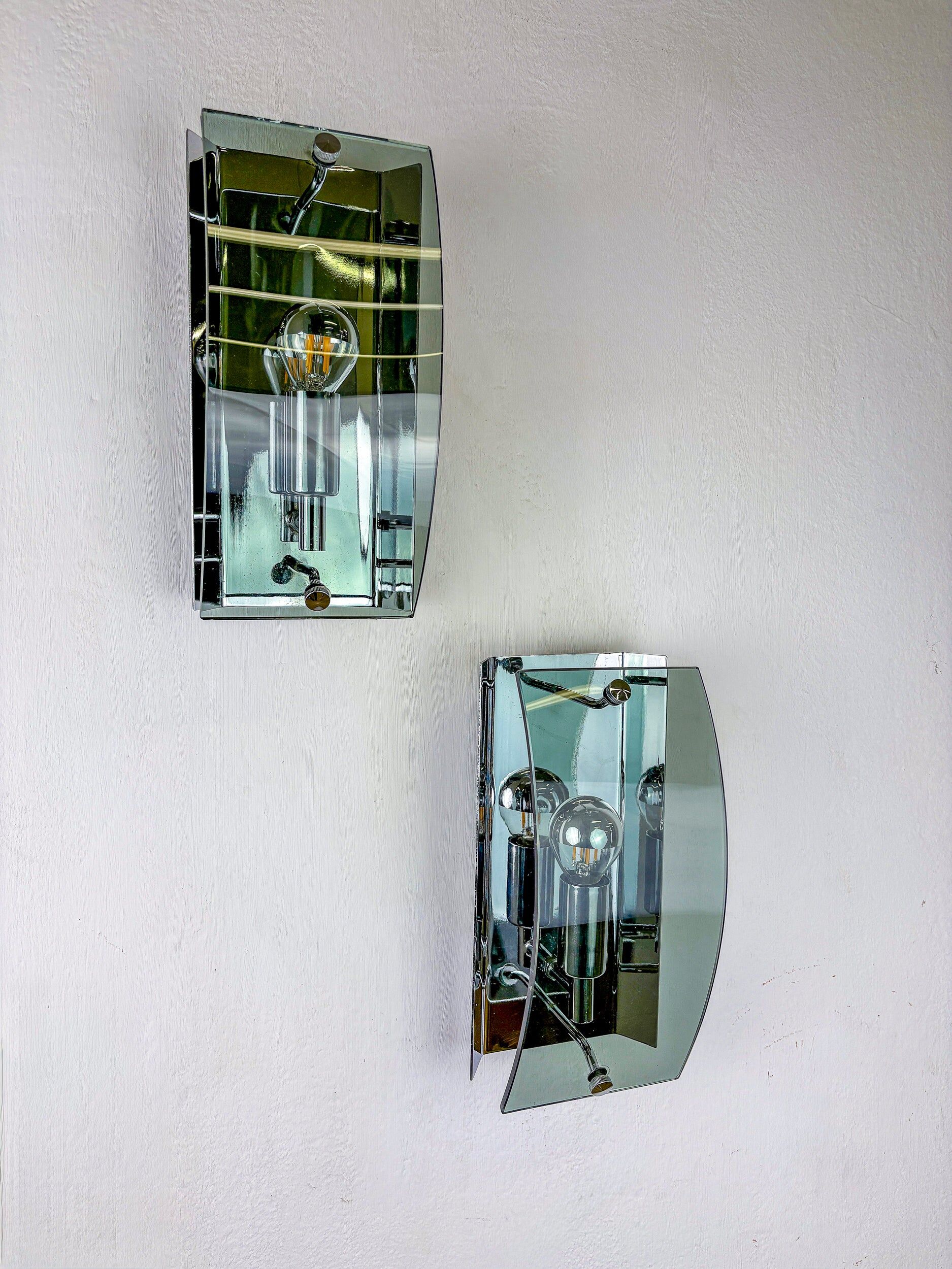 Pair of Veca wall lamps, green Murano glass, Italy, circa 1970s