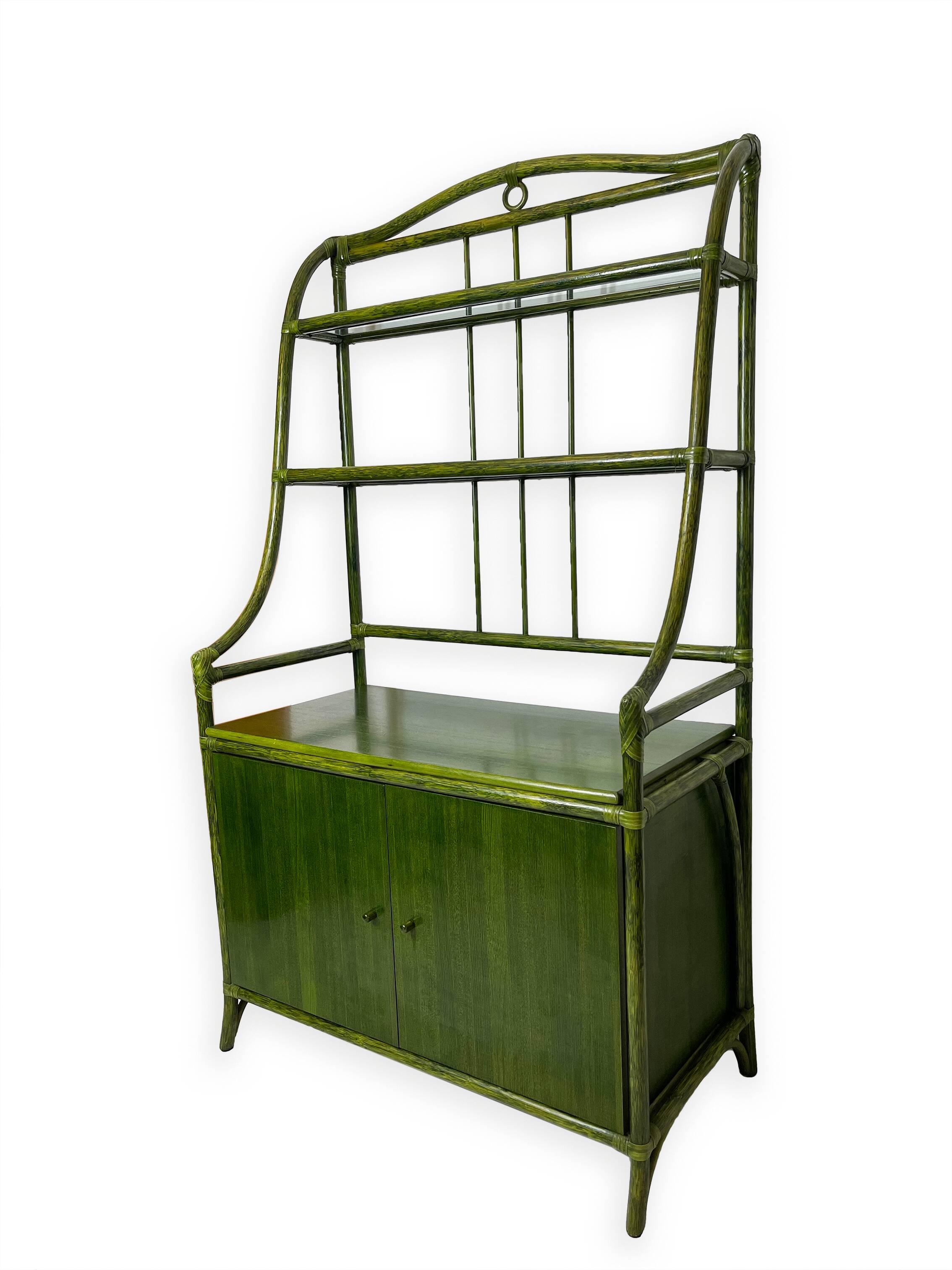 Buffet en rotin vert et hêtre, années 1970