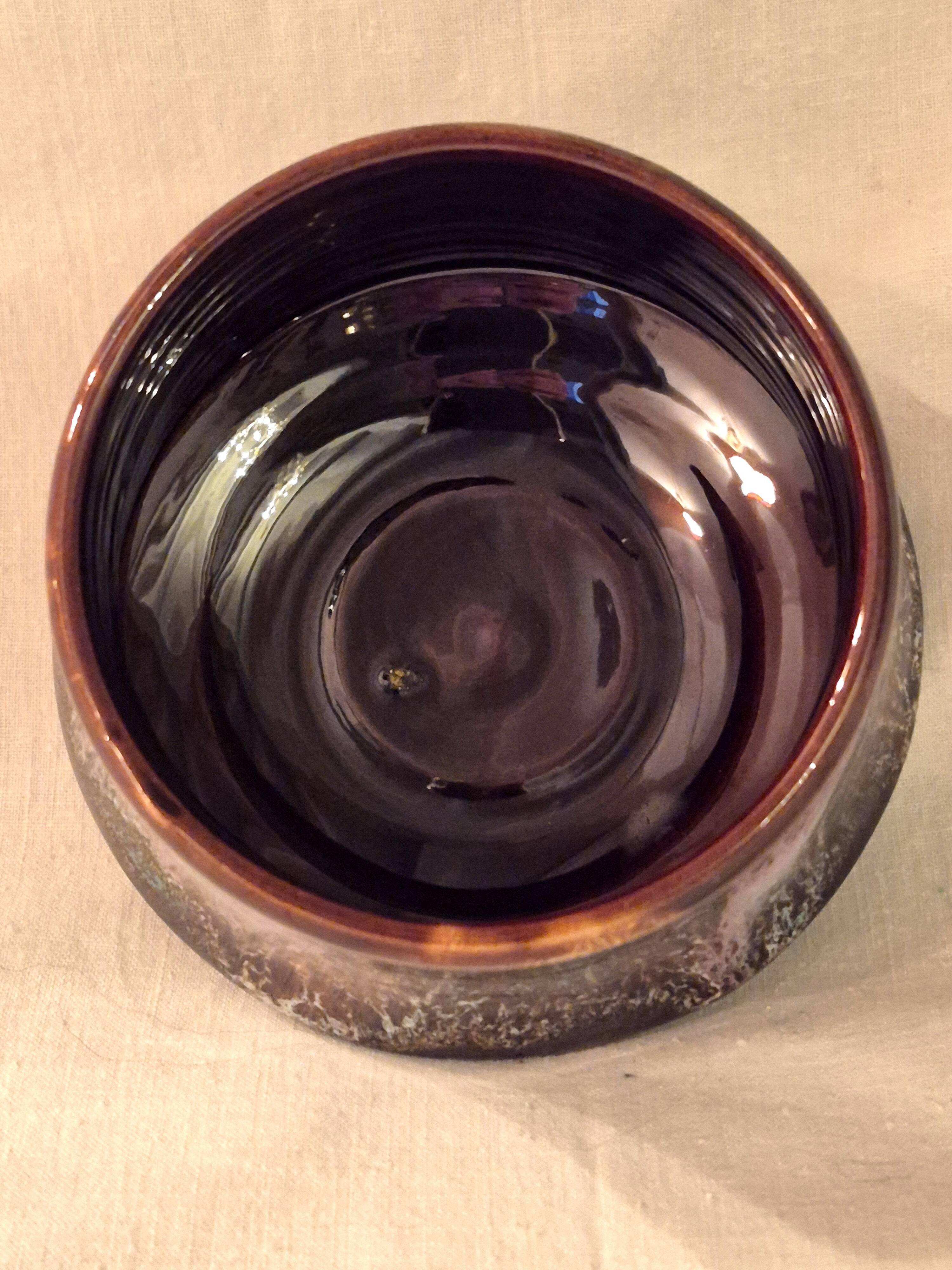Covered sugar bowl Vallauris glazed ceramic brown old pink A152-3