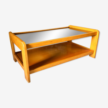 Table basse bois et verre fumé années 80