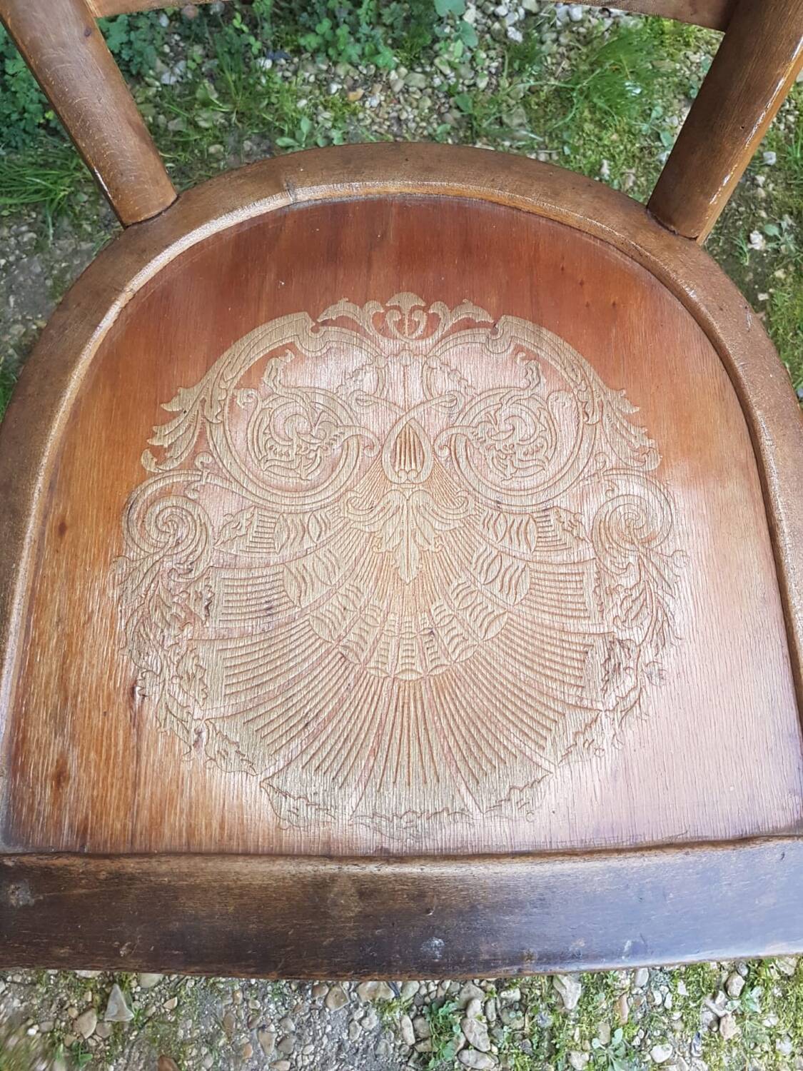 Old wooden bistro chair seat vintage relief drawing