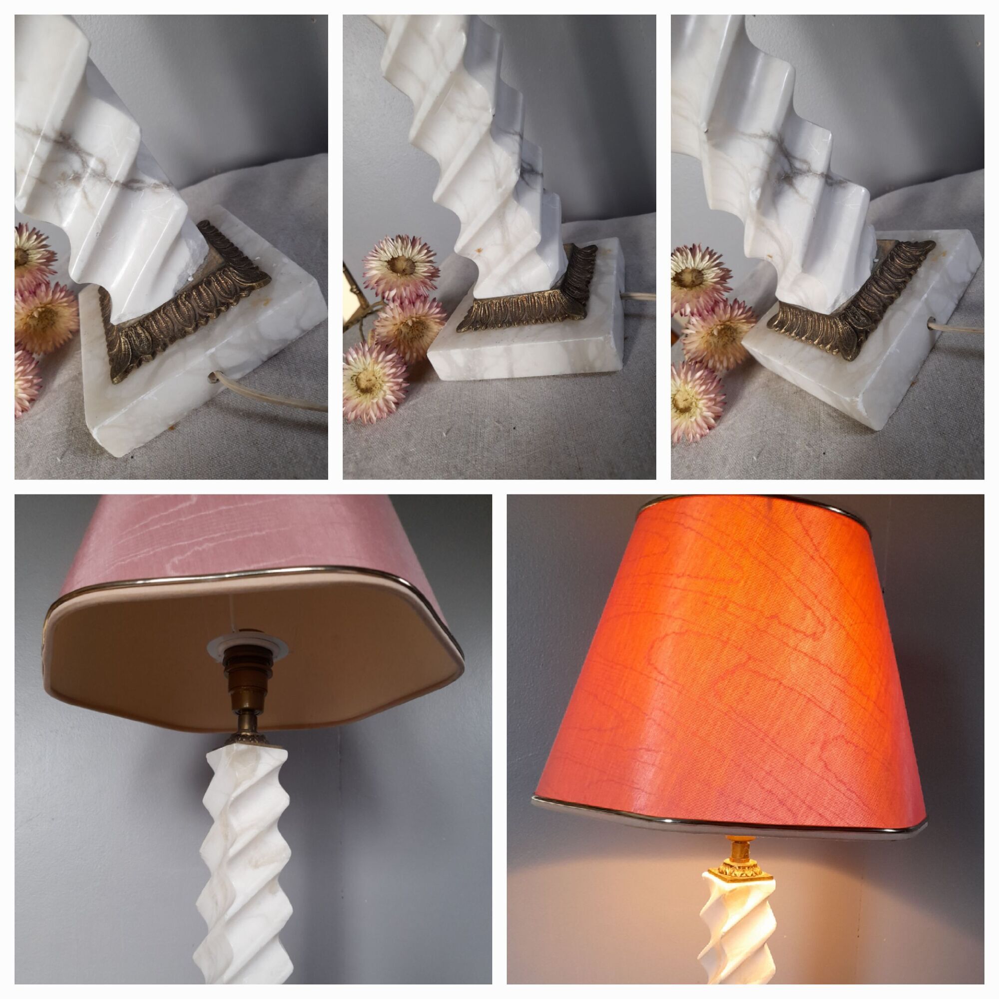 Twisted lamp foot in white marble and brass, square base - 1950's