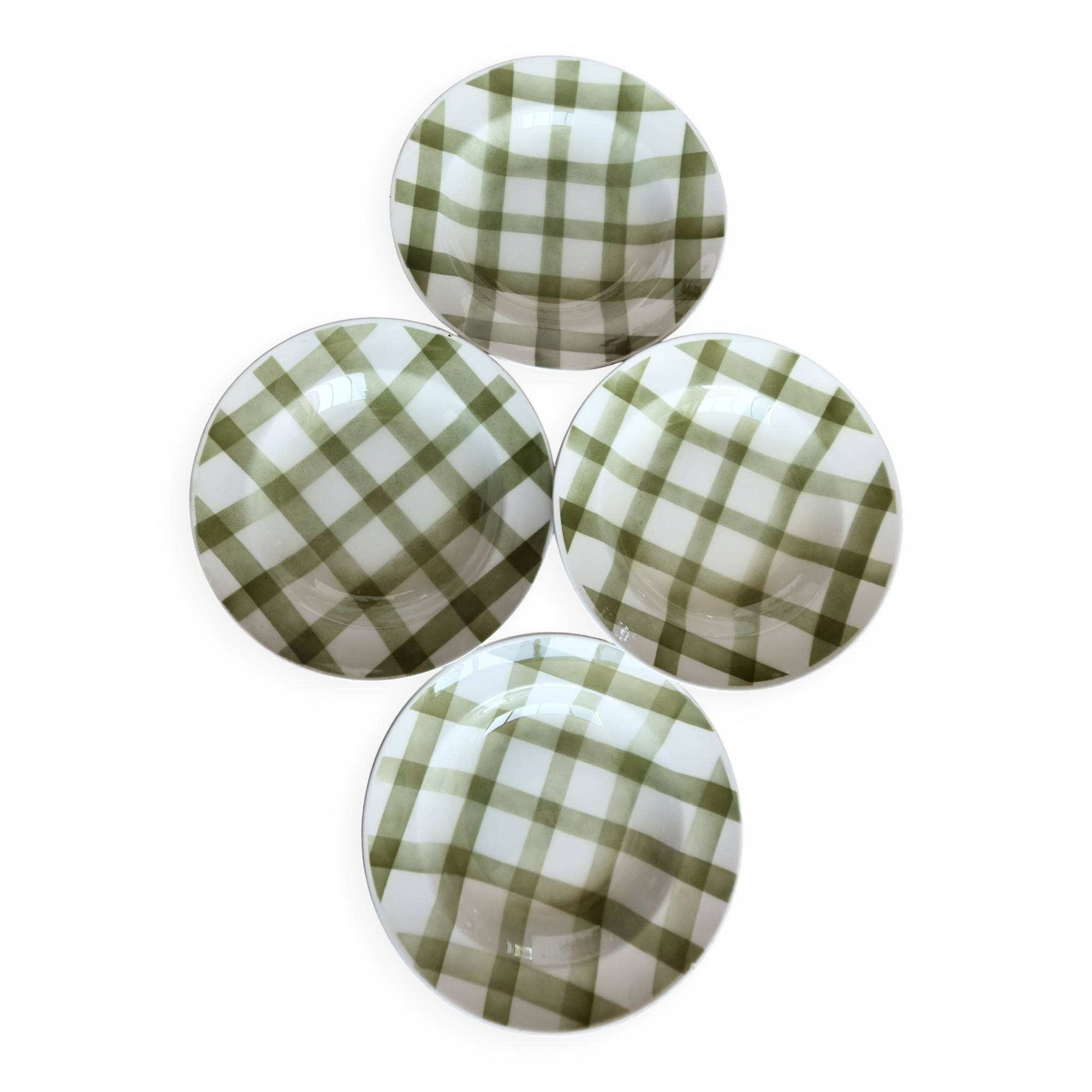 4 vintage earthenware soup plates Moulin Des Loups Nappe green model