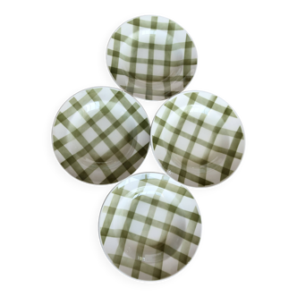 4 assiettes creuses vintage en faïence Moulin Des Loups modèle Nappe vert