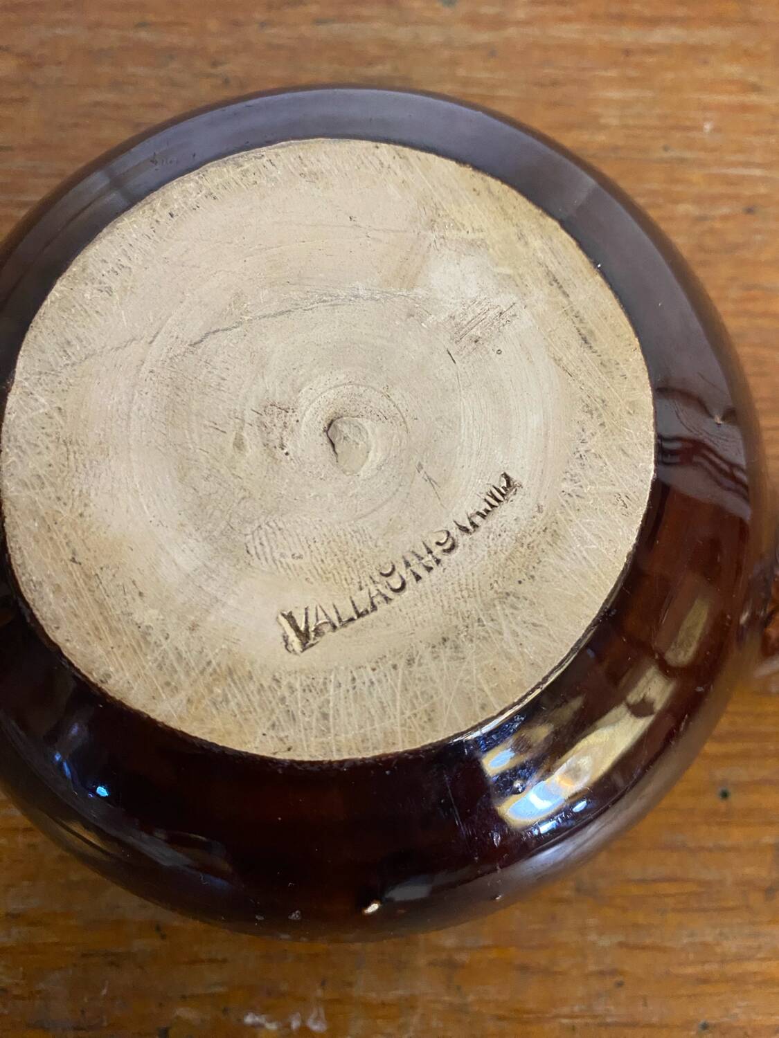 Poêlon vide poche ancien vallauris céramique verte marron caquelon vin