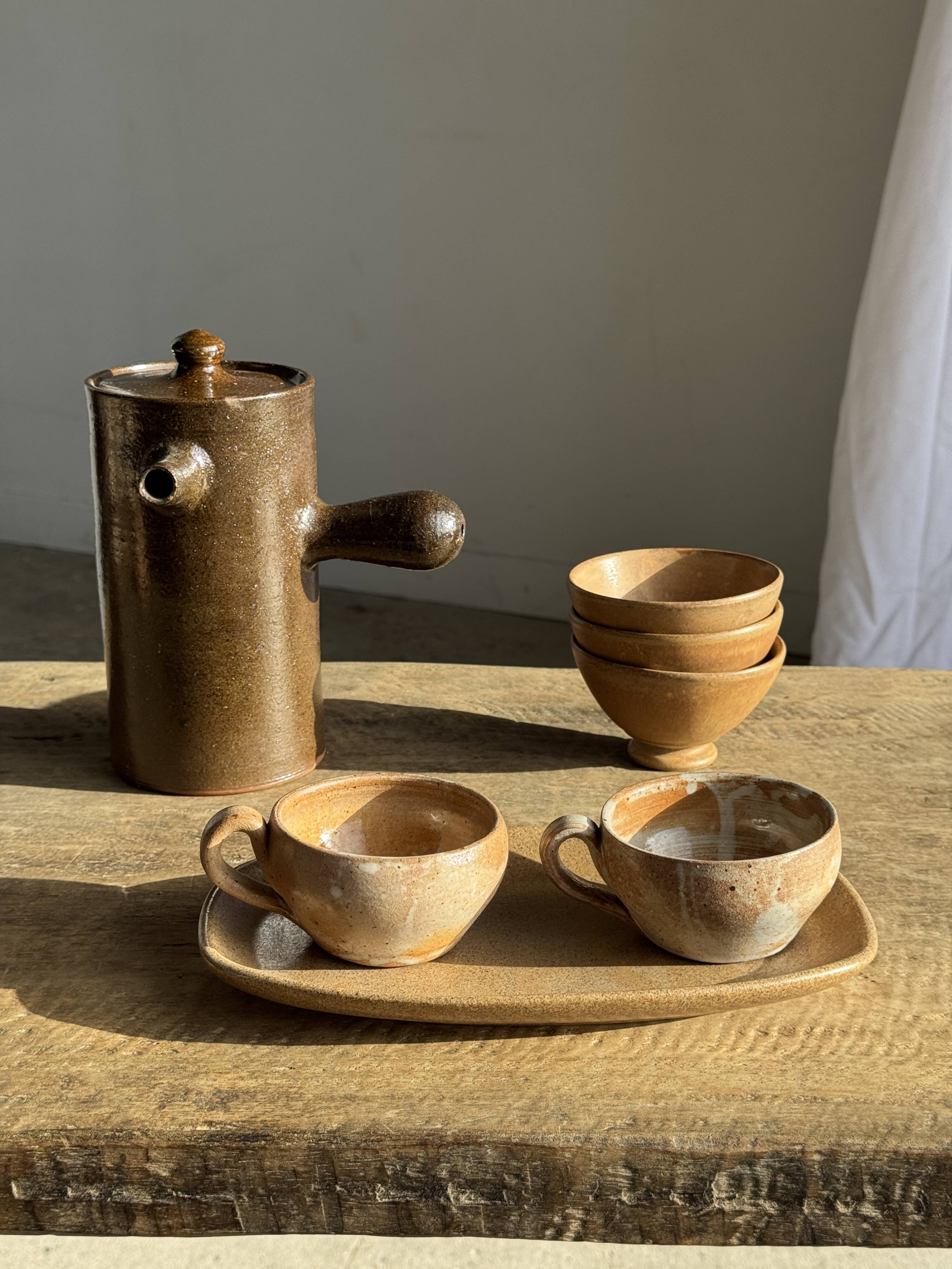 Set of 11 vintage coffee cups, raw matte stoneware H11