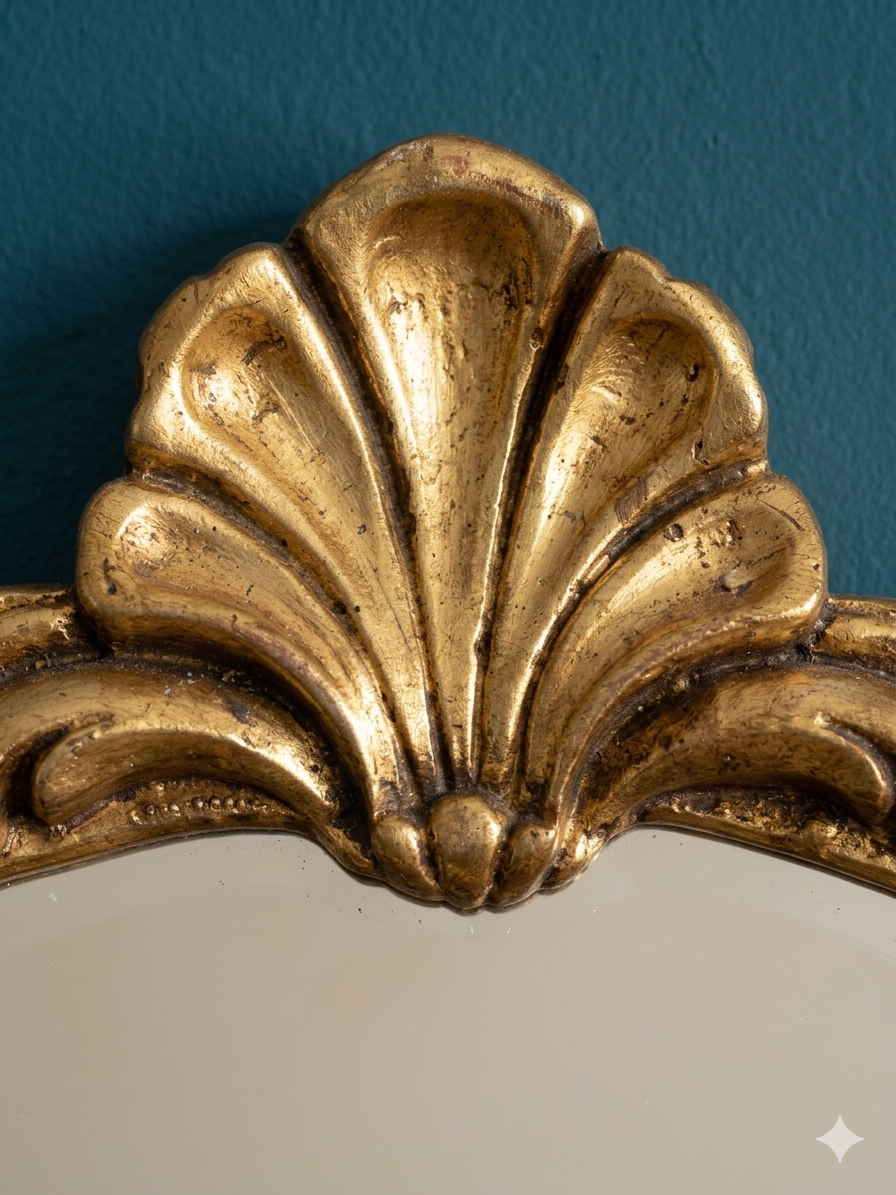 Small neo-baroque courtesy mirror with shell pediment – Patinated gilding