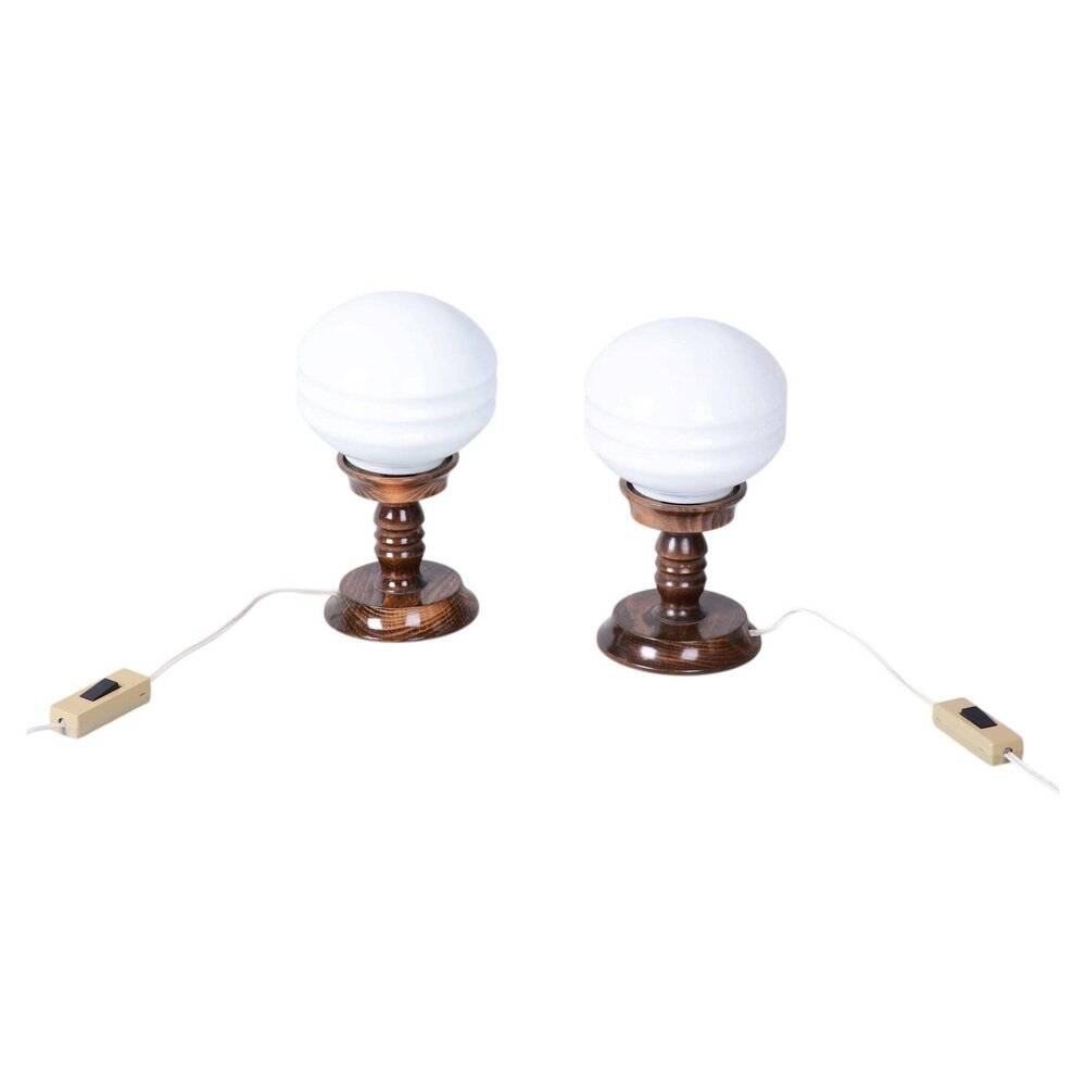 Art Deco Table Lamps in Beech and Opal Glass, Czech, 1930s, Set of 2