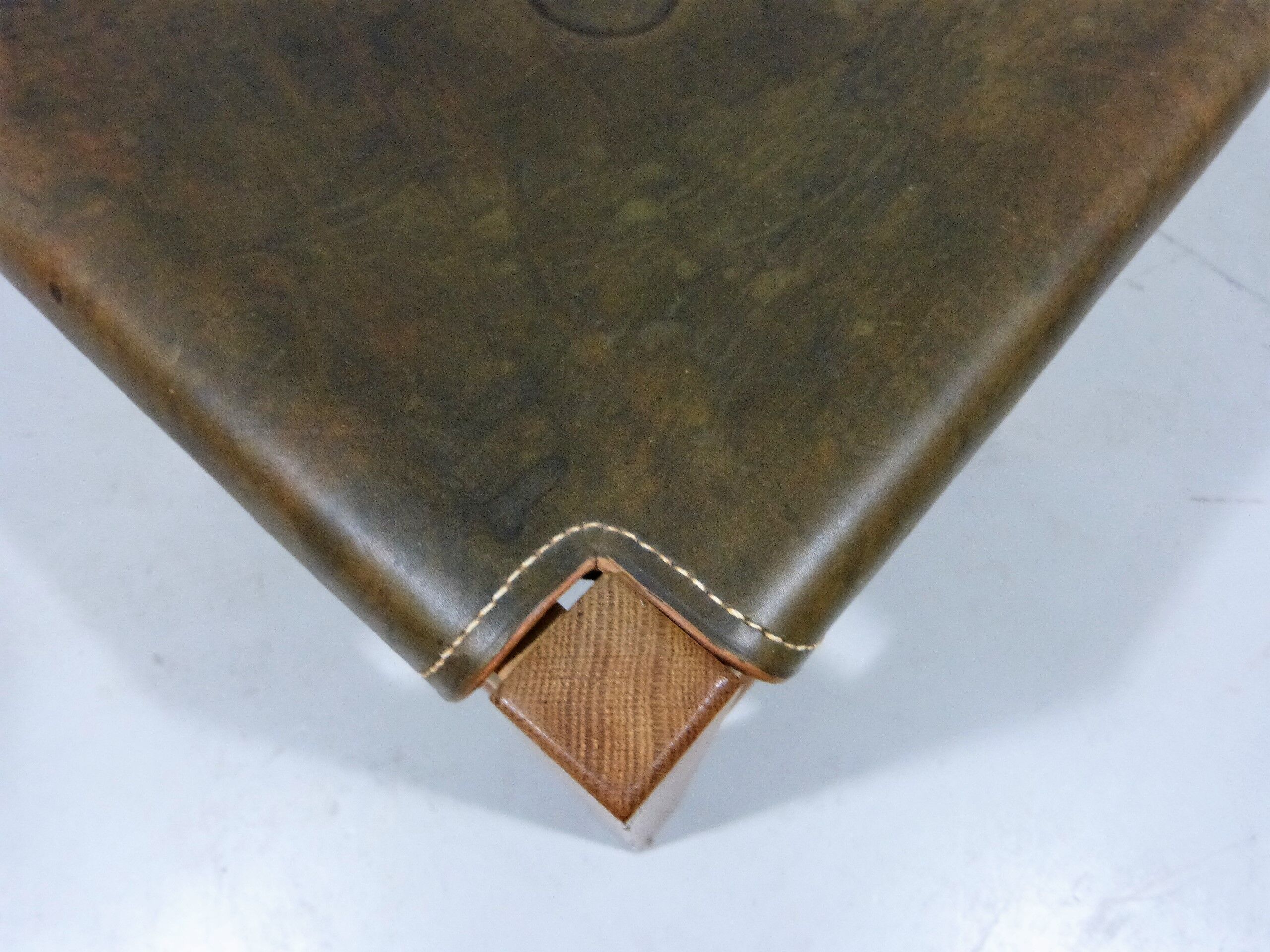 Wooden stool with saddle leather seat, 1970-80’s