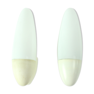 Set of 2 all white wall lamps in white opaline glass, Czechoslovakia circa 1960