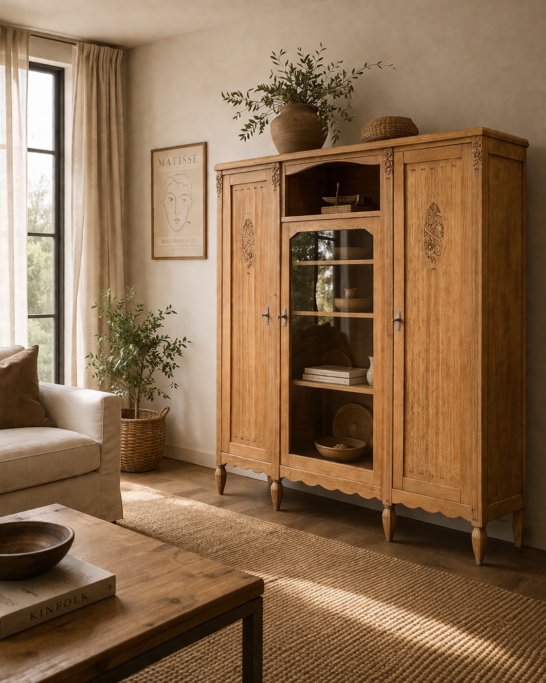 Asymmetrical Art Deco glass-fronted Parisian wardrobe in raw oak, 1930.