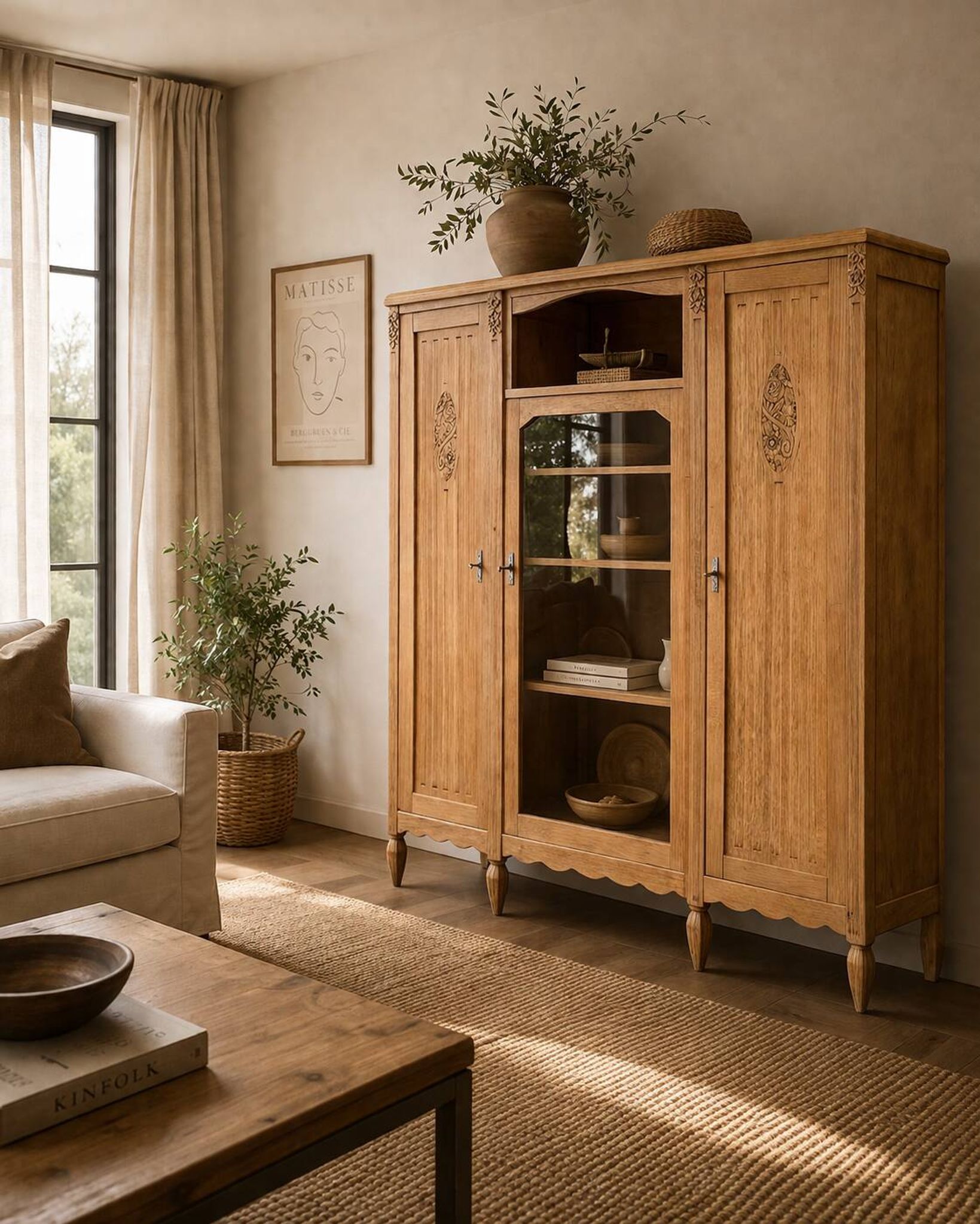 Asymmetrical Art Deco glass-fronted Parisian wardrobe in raw oak, 1930.