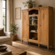 Asymmetrical Art Deco glass-fronted Parisian wardrobe in raw oak, 1930.