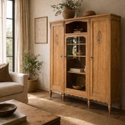 Asymmetrical Art Deco glass-fronted Parisian wardrobe in raw oak, 1930.