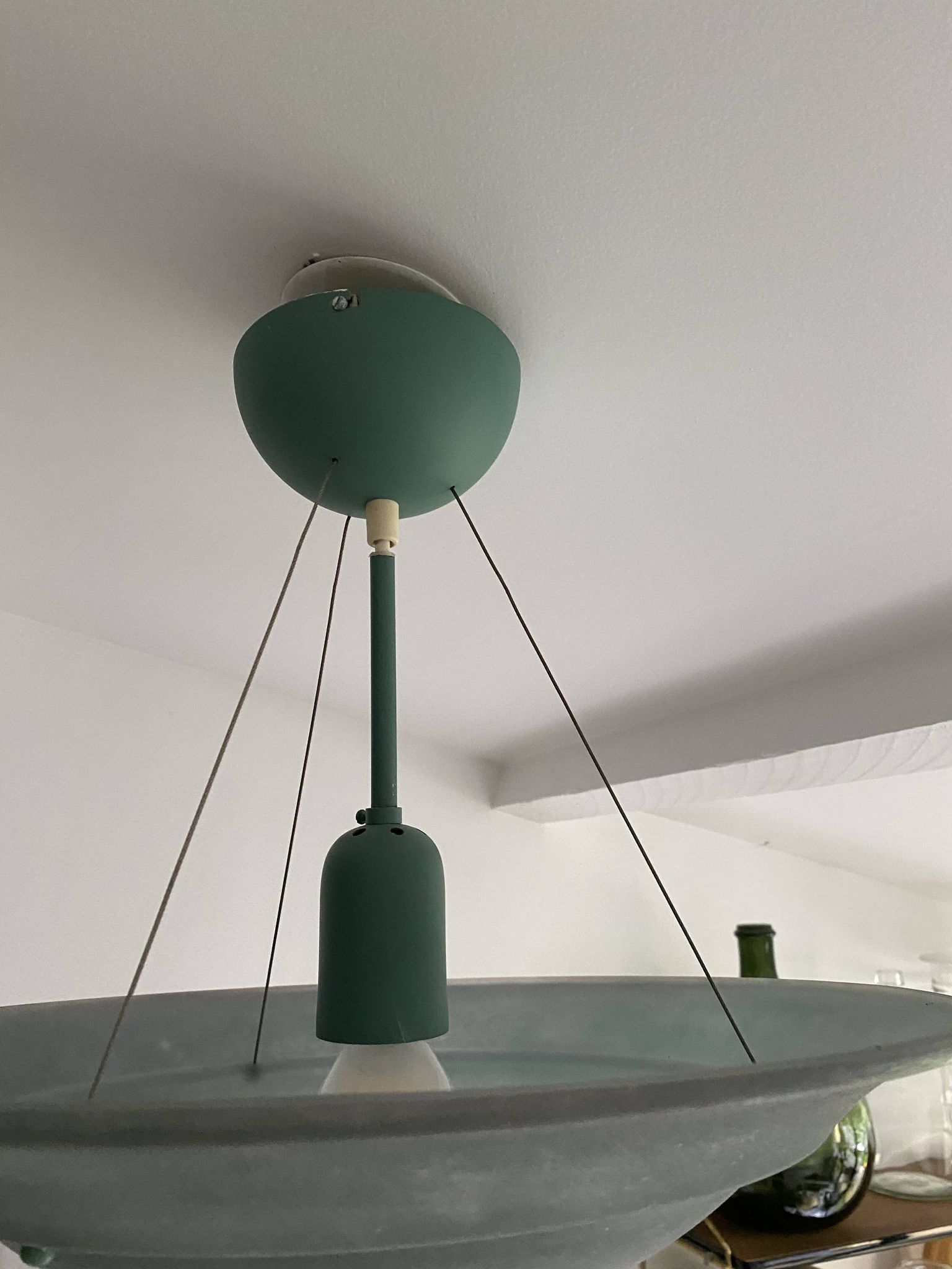 Large vintage lustra suspension light fixture large translucent green basin - SCE made in France