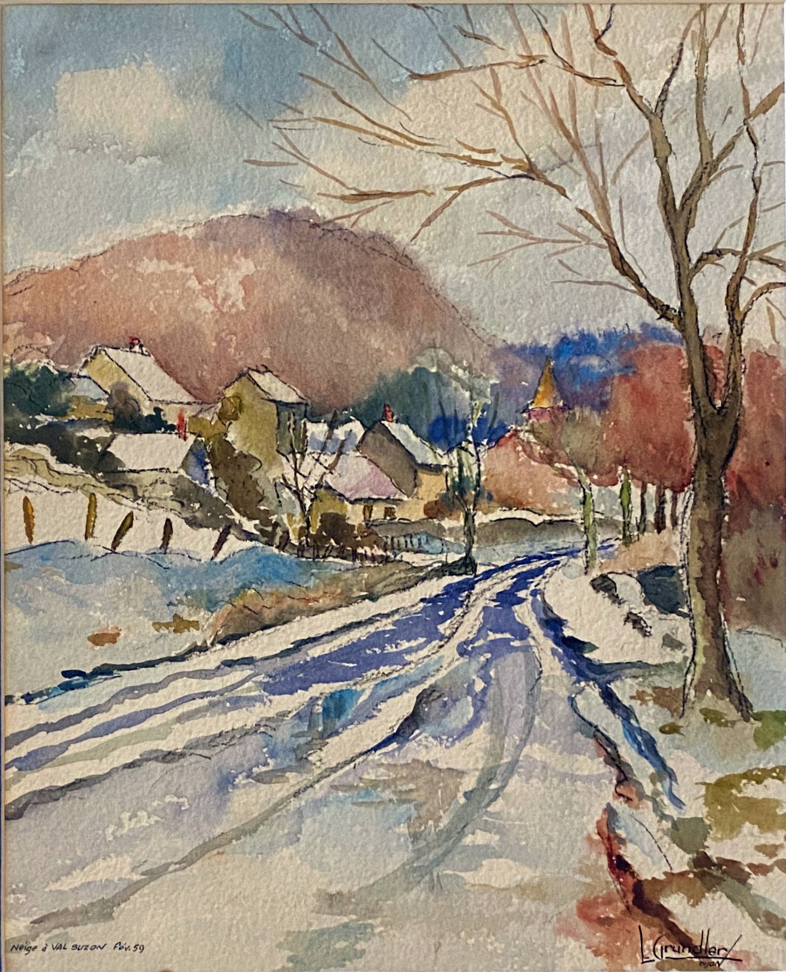 Watercolour painting "Snow in Val Suzon" (21) signed L. Grundler 1959