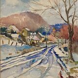 Watercolour painting "Snow in Val Suzon" (21) signed L. Grundler 1959