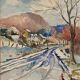 Watercolour painting "Snow in Val Suzon" (21) signed L. Grundler 1959