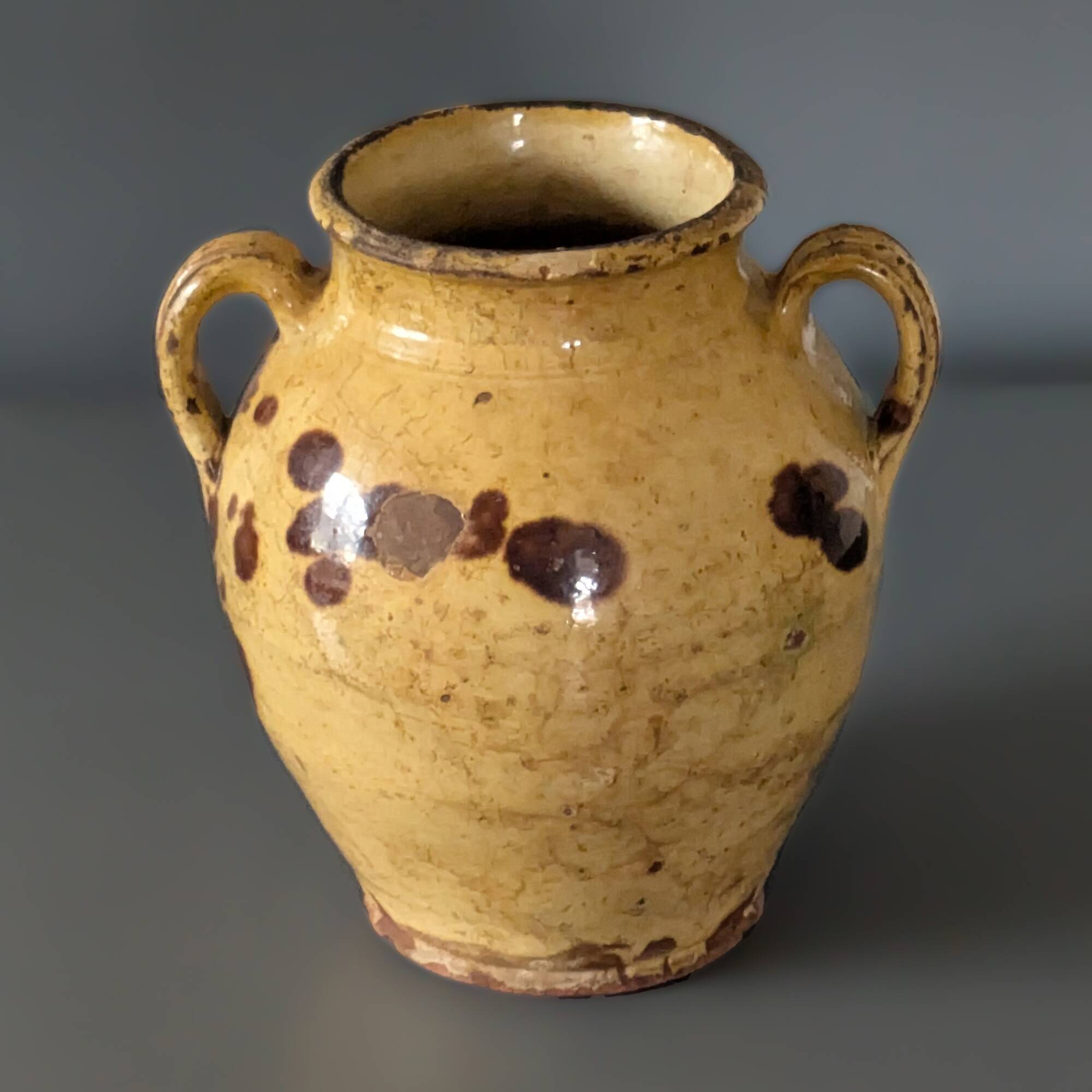 Antique glazed earthenware preserve pot in ochre and brown – southern pottery