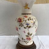 Lampe céramique Moustiers & socle bois avec abat-jour tissu beige vintage