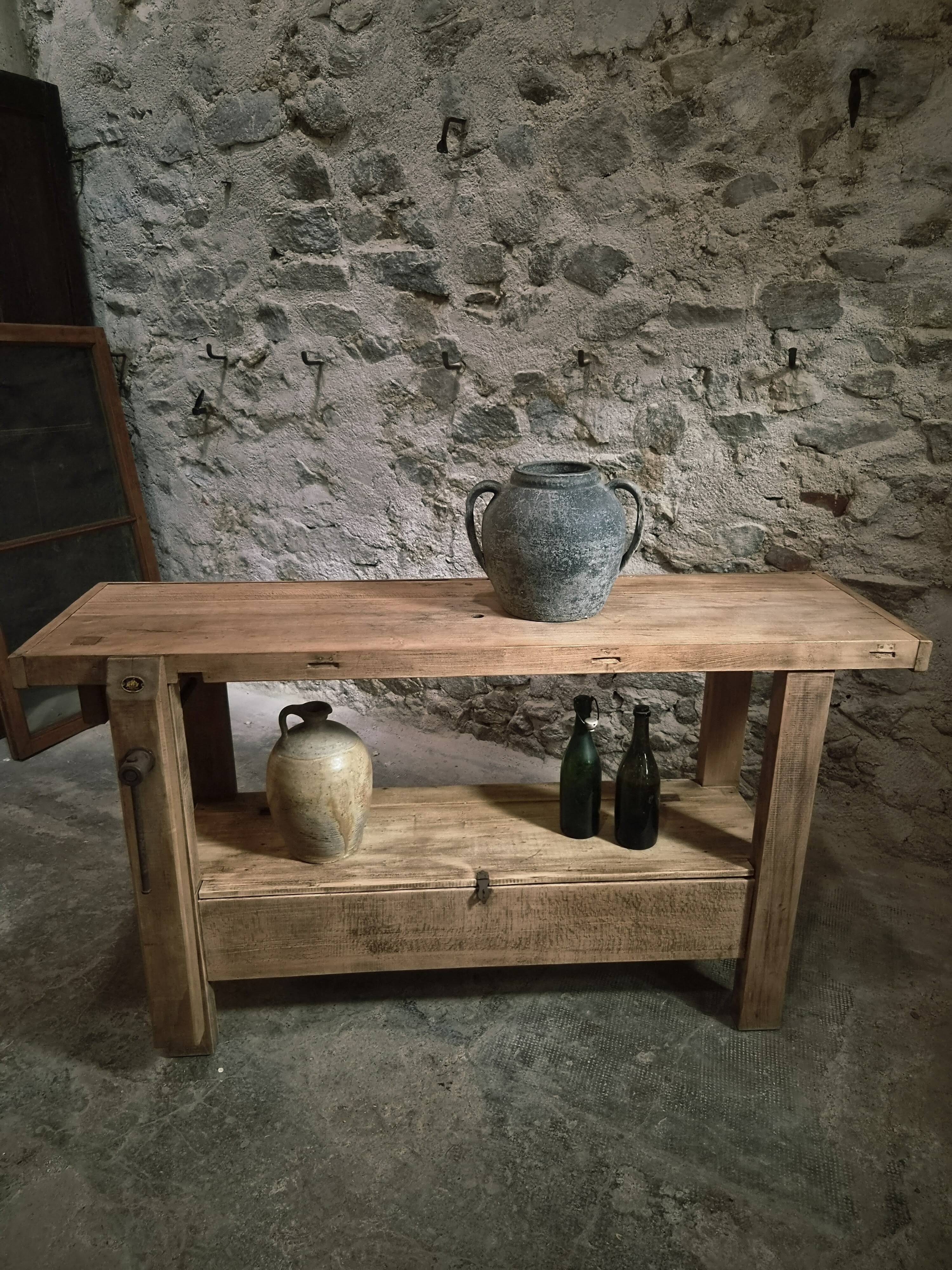 Vintage French beech side table, console, washbasin unit, industrial side table, circa 1950–1970.
