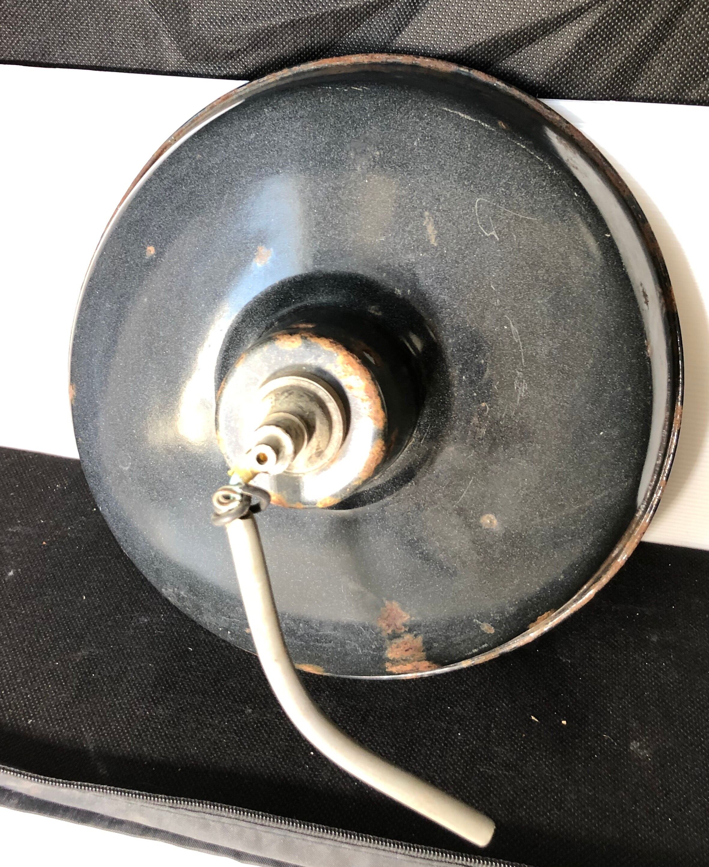 Pair of workshop pendant lights in grey/white enamelled sheet metal