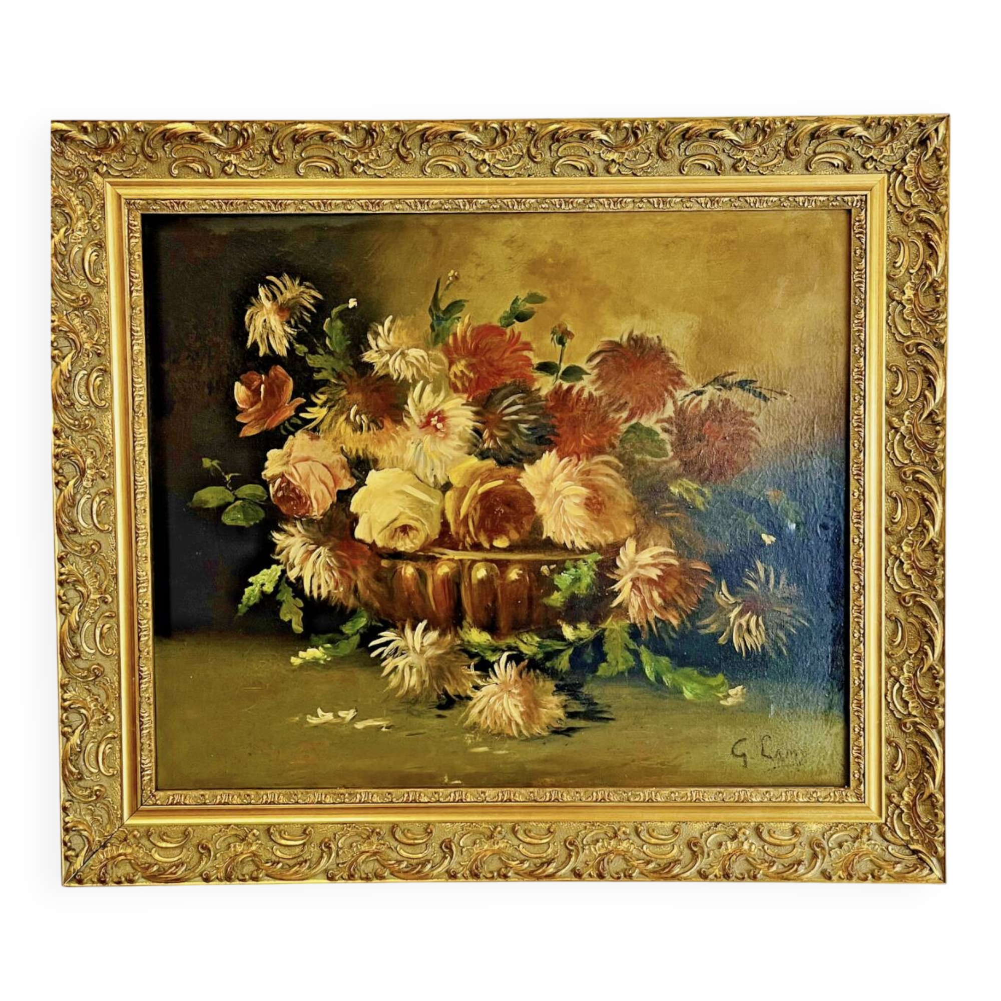 Oil on canvas still life by G. Lamy (19th-20th century)