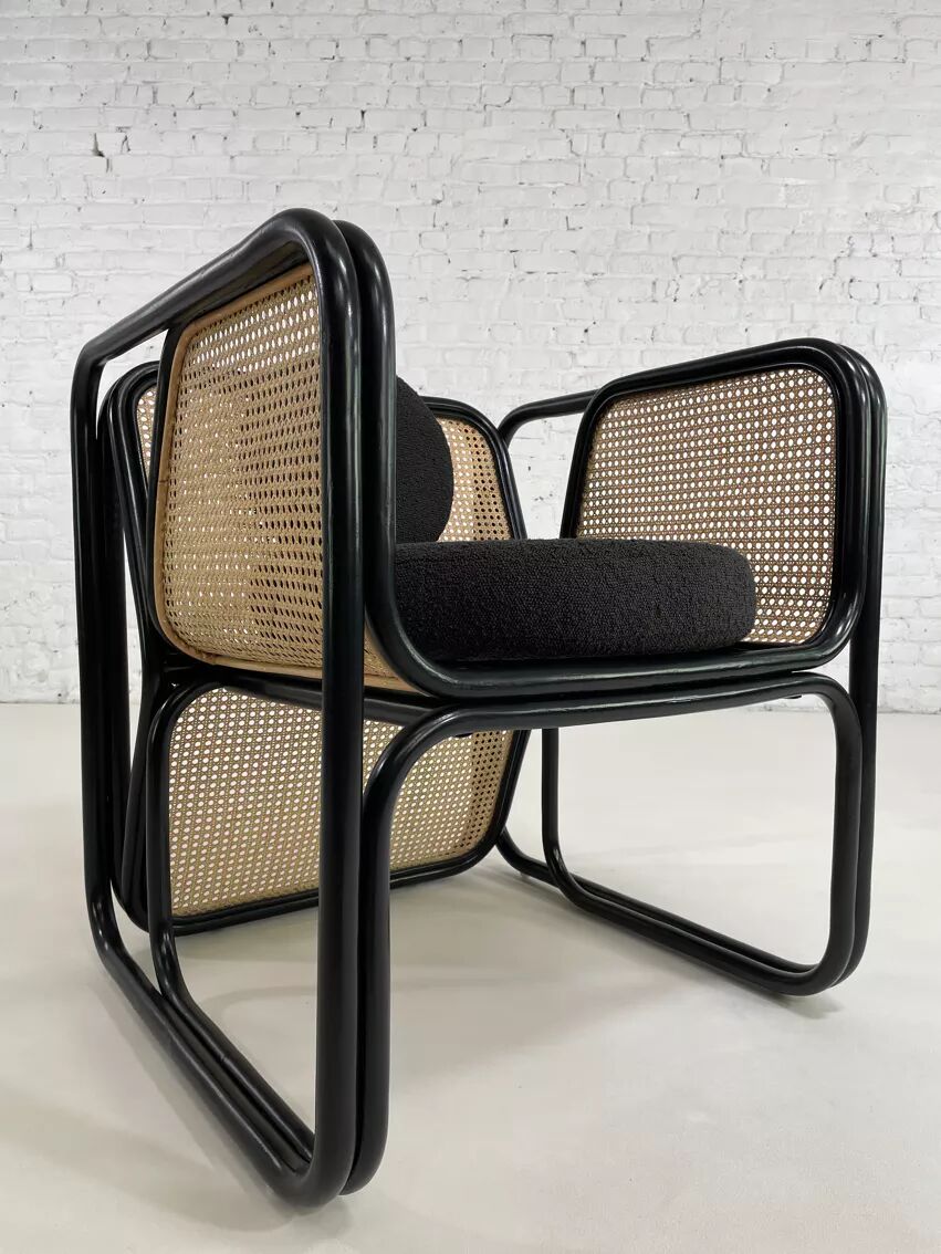 Cubic armchair in black rattan and canework