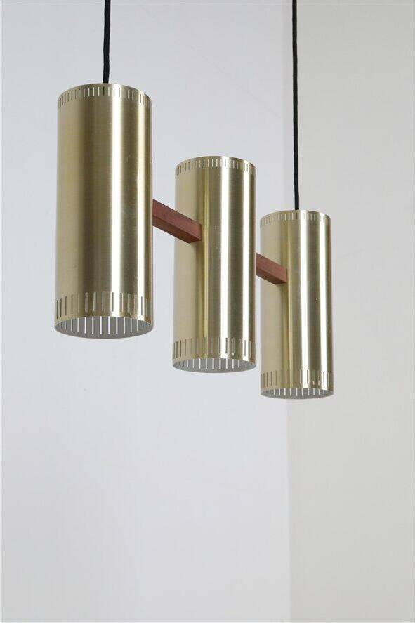 Rare lampe suspendue "Cylinder III" par Jo Hammerborg pour Fog & Mørup / années 1960 / design danois moderne du milieu du siècle / Teck / Laiton