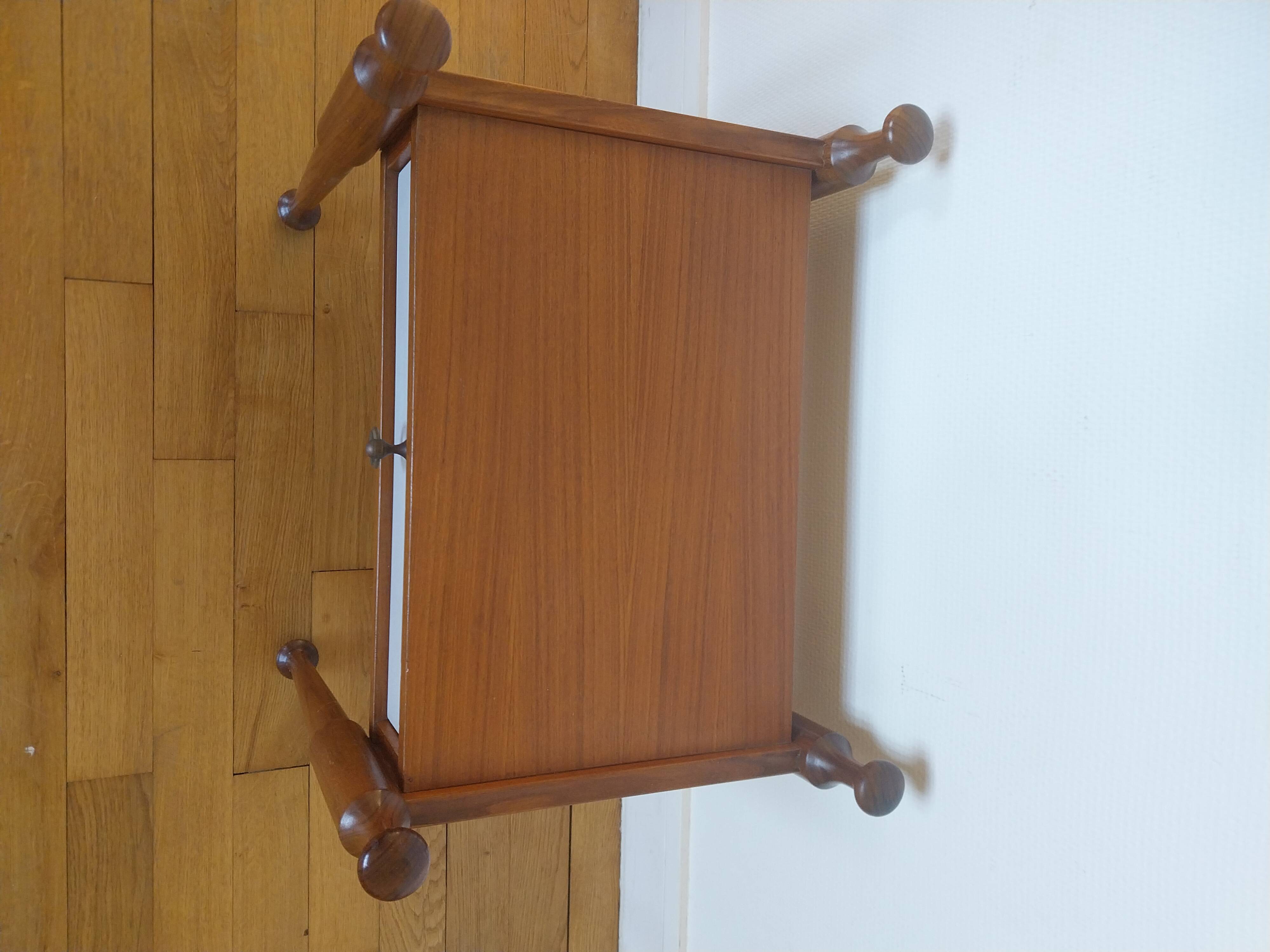 Teak bedside table with a vintage white lacquer drawer, Gautier furniture.