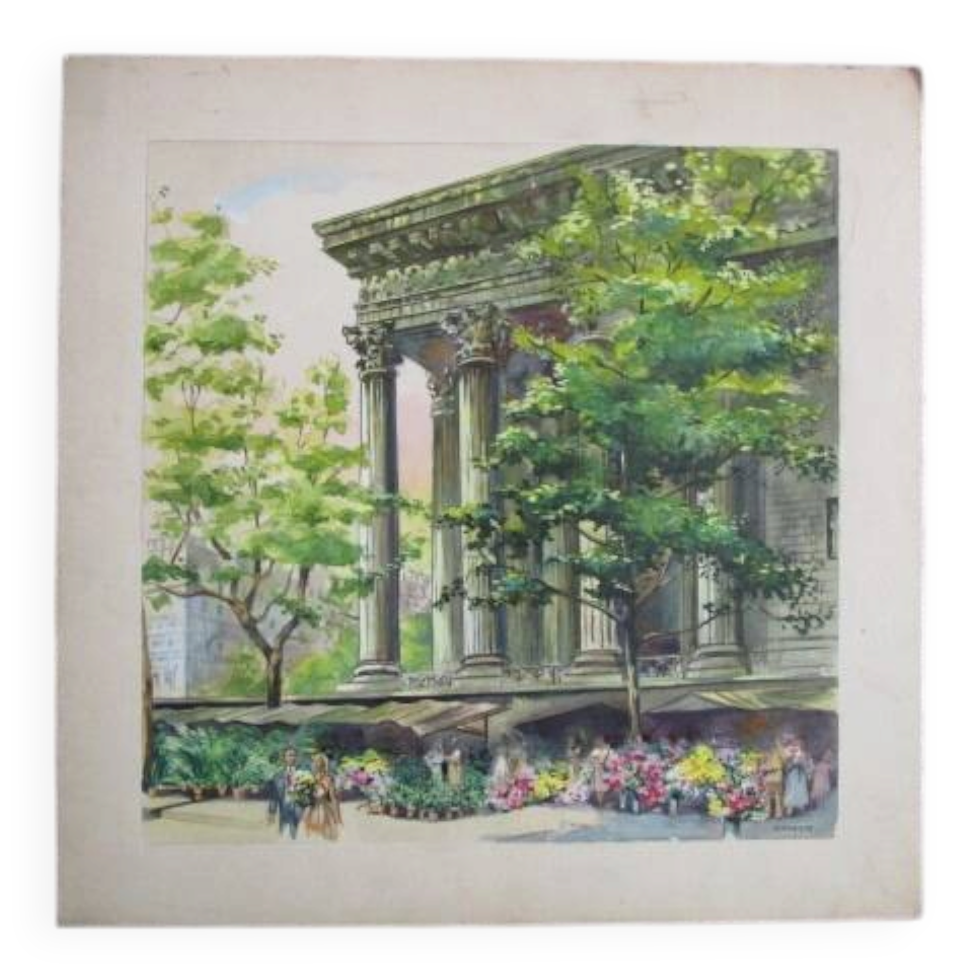 Old watercolour Paris - La Madeleine flower market - signed P. MAGNIN