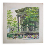 Old watercolour Paris - La Madeleine flower market - signed P. MAGNIN