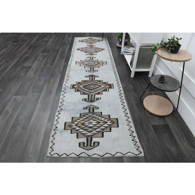 1970s Vintage Turkish Oushak Handmade Wool Cotton Blue Runner Rug 91x352