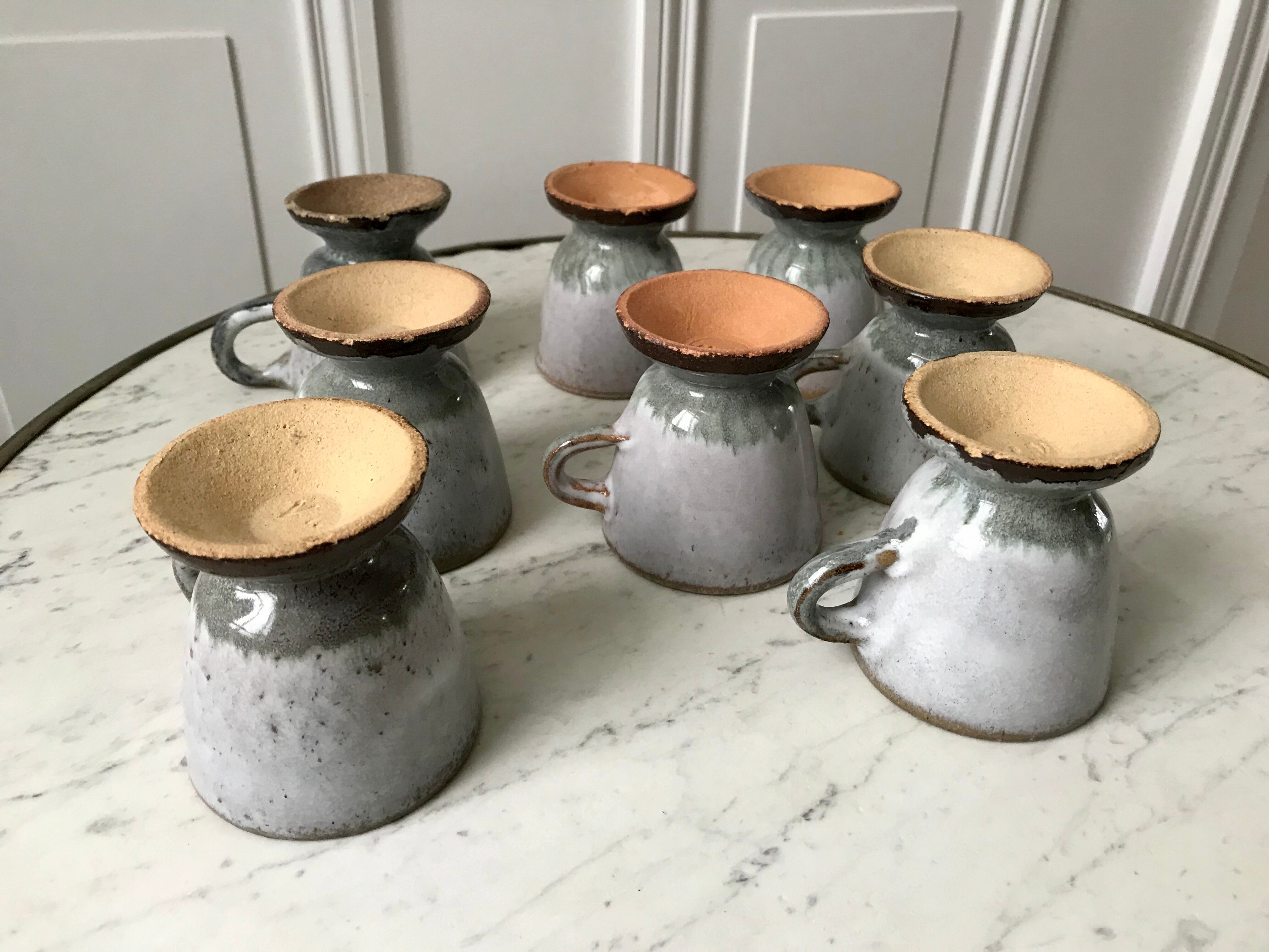 Set of 8 coffee cups, stoneware mazagrans handcrafted signed 70s