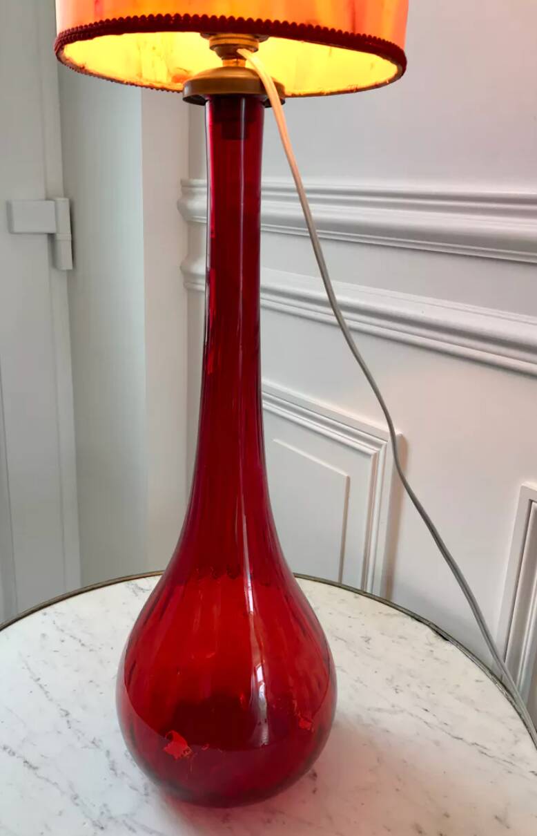Large red Murano style Italian blown glass lamp and seventies lampshade from the 70s