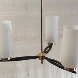 Modernist chandelier with 3 lights in metal, brass, and opaline globe - 1950s