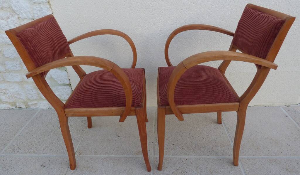 2 Chic 50s Bridge Armchairs Completely Refurbished in Solid Wood with Rust Velvet Seat