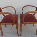 2 Chic 50s Bridge Armchairs Completely Refurbished in Solid Wood with Rust Velvet Seat