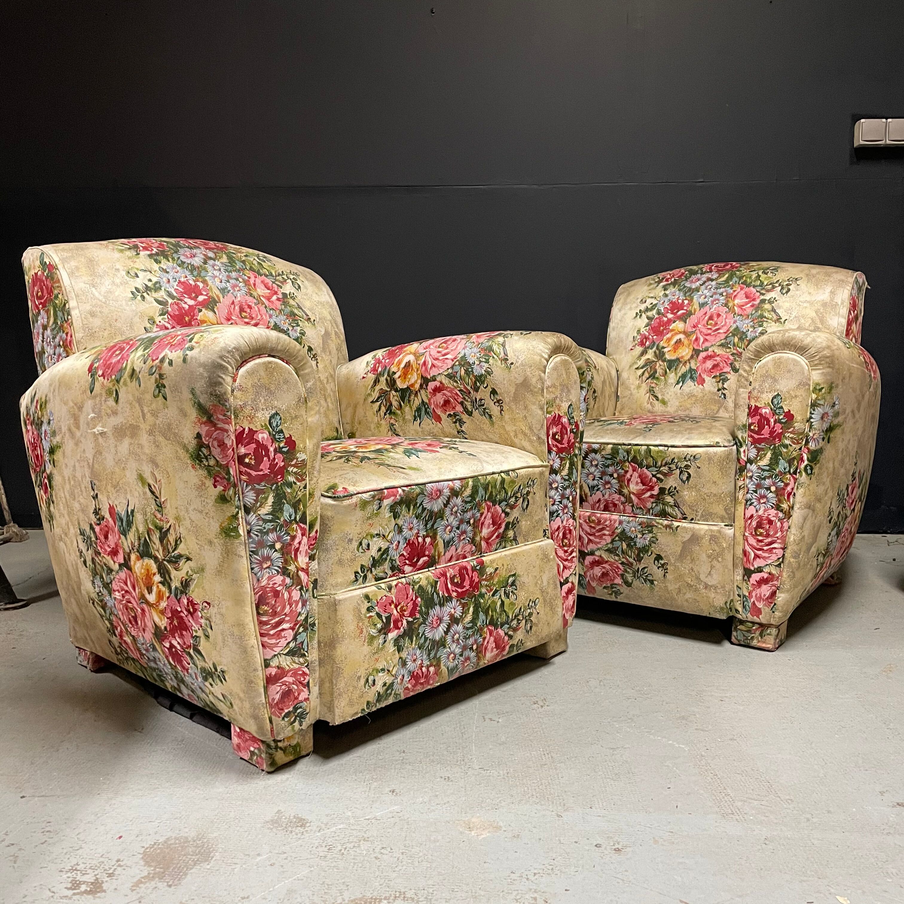 Paire de fauteuils club fleur vintage anglais