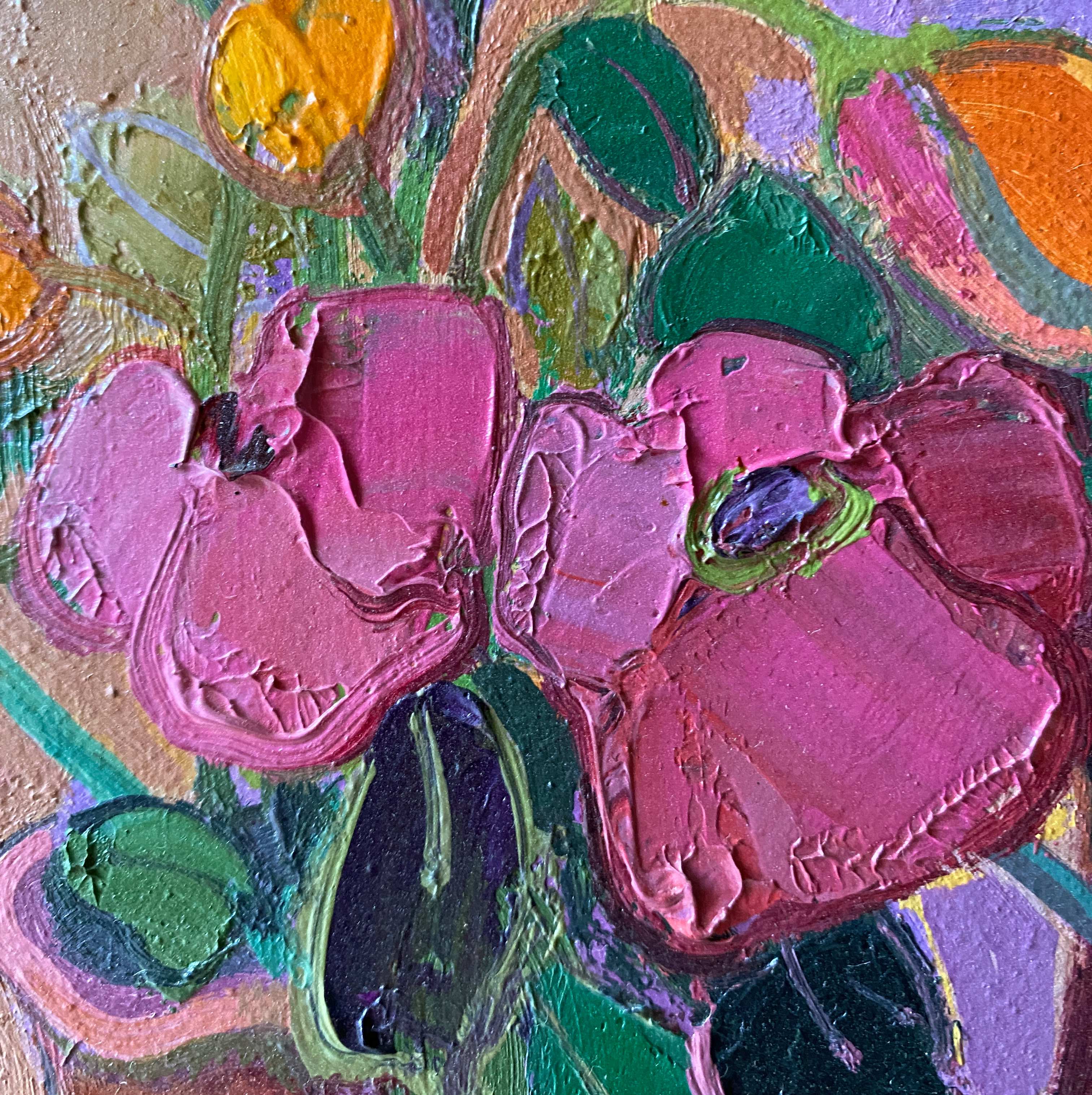 Painting "Still life with flowers and fruits" HST François Chanteclair born in 1942