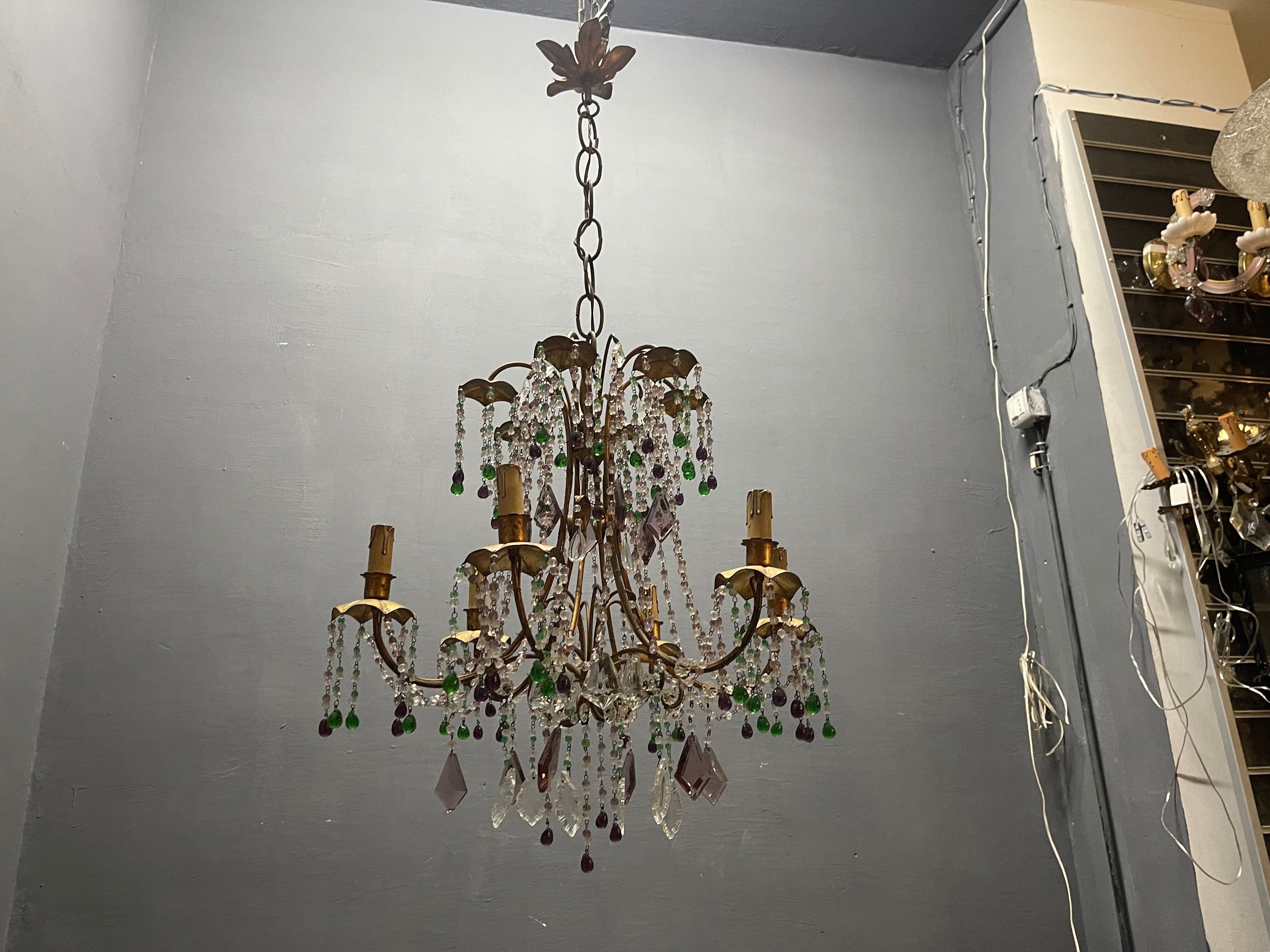 Chandelier en verre de Murano perlé doré en tole florentine italienne des années 1950 à 6 lumières