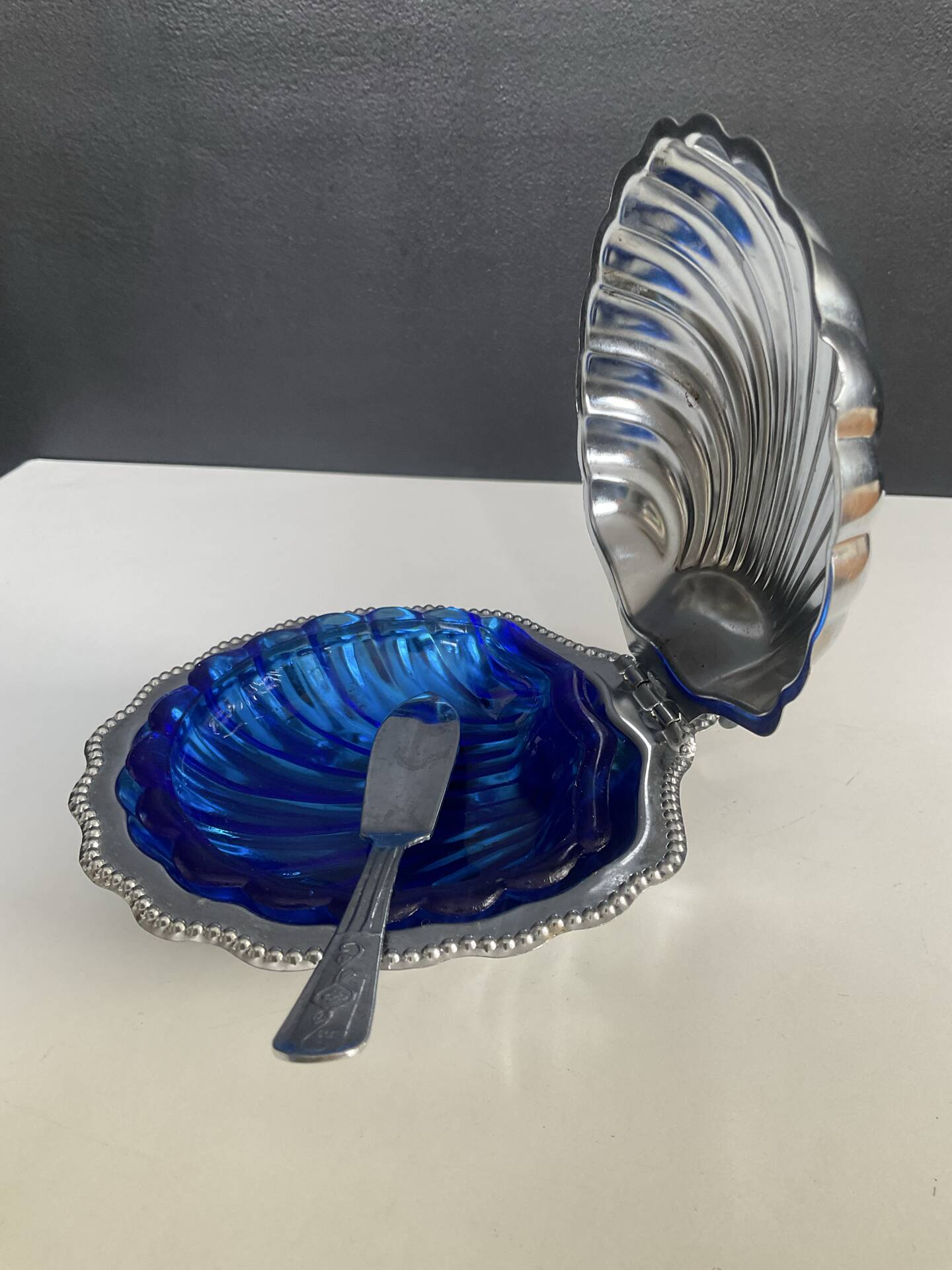 Vintage shell butter dish in stainless steel and blue glass