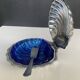 Vintage shell butter dish in stainless steel and blue glass