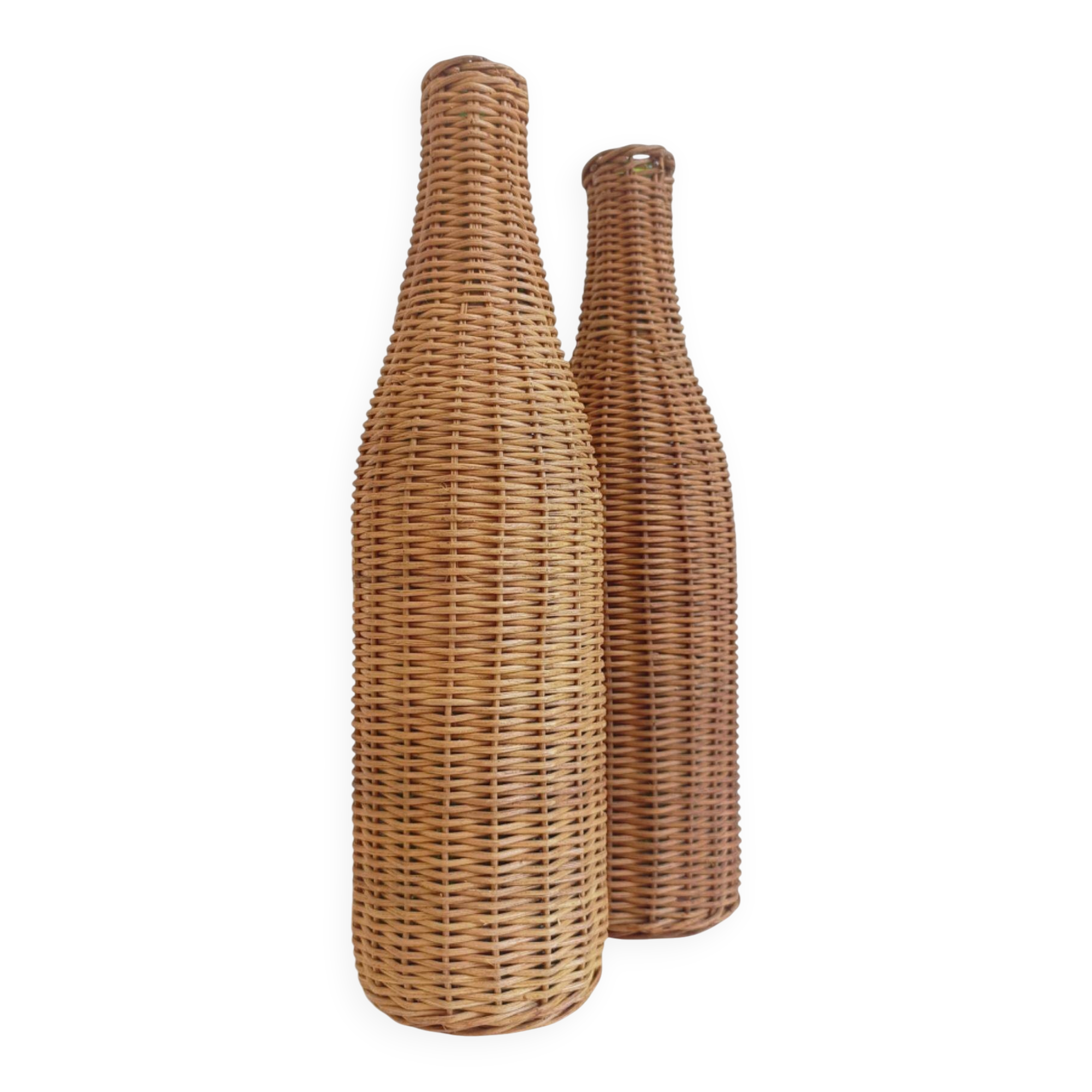 Bouteilles en verre en osier rustiques faites à la main, milieu du 20e siècle, France