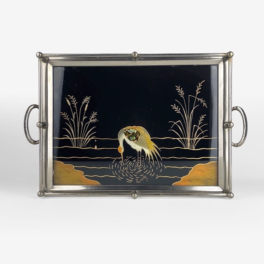 Art Deco tea tray glass and silver metal 30s